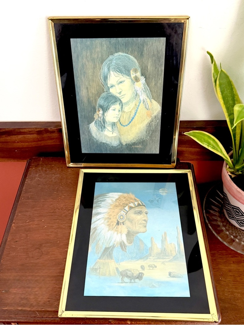 Vintage Metallic Foil Art Decor American Indian Maiden Chief Portrait Caroselli